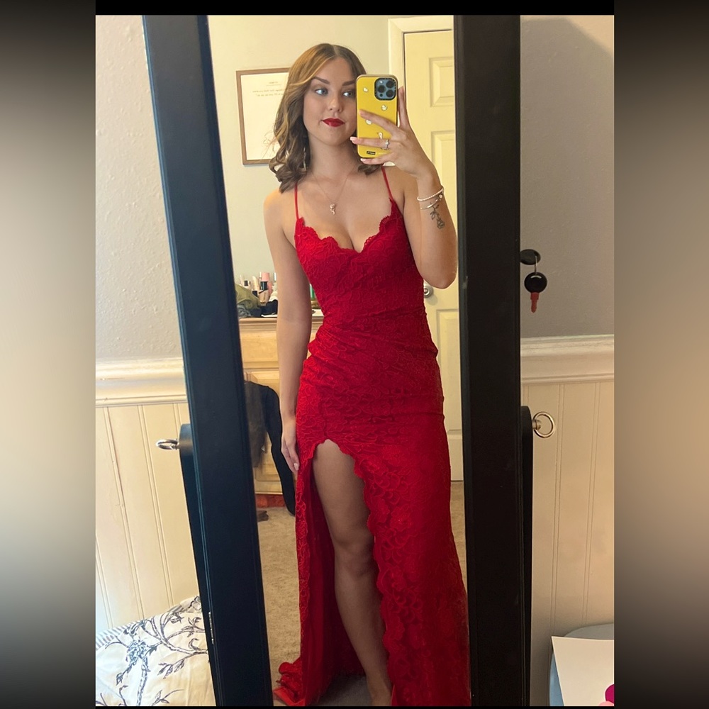 La Femme Lace Red formal dress